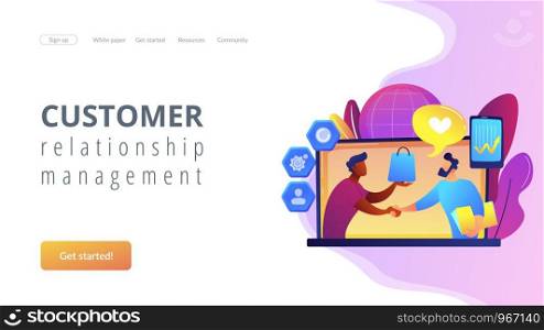 Manager shakes hands with customer, strategy for interactions with client. Customer relationship management, CRM system, CRM lead management concept. Website vibrant violet landing web page template.. Customer Relationship Management concept landing page.