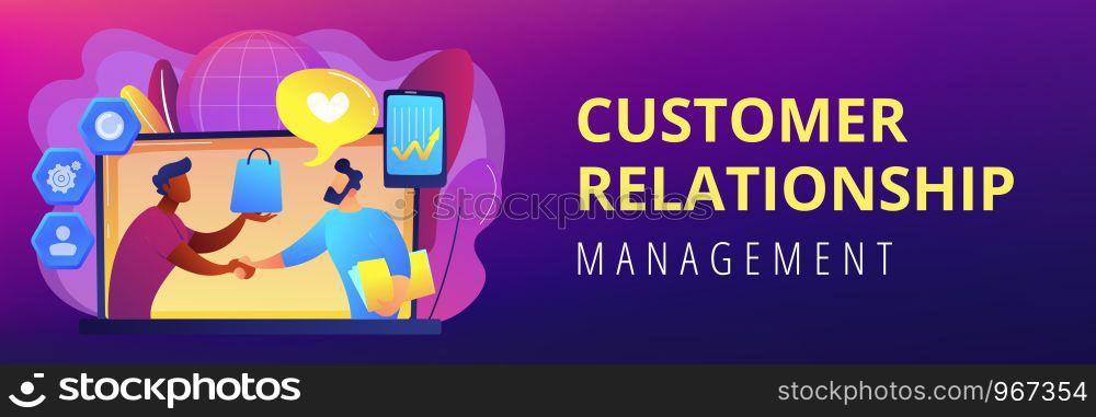 Manager shakes hands with customer, strategy for interactions with client. Customer relationship management, CRM system, CRM lead management concept. Header or footer banner template with copy space.. Customer Relationship Management concept banner header.