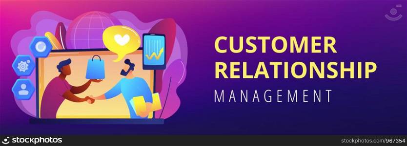 Manager shakes hands with customer, strategy for interactions with client. Customer relationship management, CRM system, CRM lead management concept. Header or footer banner template with copy space.. Customer Relationship Management concept banner header.
