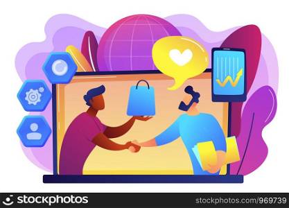 Manager shakes hands with customer, strategy for interactions with client. Customer relationship management, CRM system, CRM lead management concept. Bright vibrant violet vector isolated illustration. Customer Relationship Management concept vector illustration.