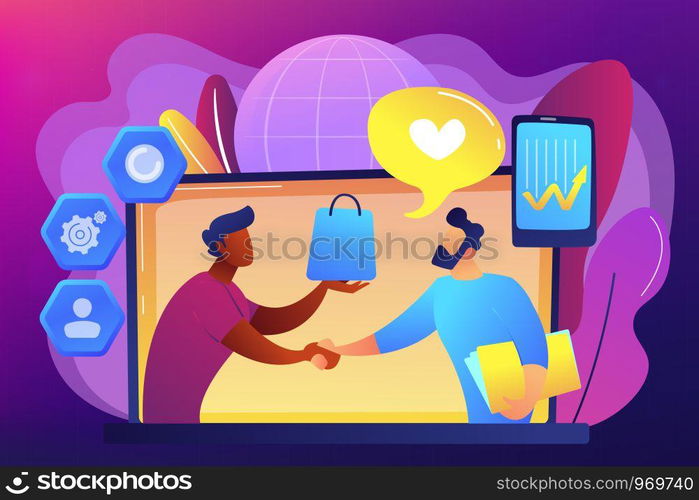 Manager shakes hands with customer, strategy for interactions with client. Customer relationship management, CRM system, CRM lead management concept. Bright vibrant violet vector isolated illustration. Customer Relationship Management concept vector illustration.