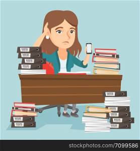 Manager sitting at workplace with stacks of documents and holding mobile phone in hand. Caucasian manager feeling stress from work. Stress at work concept. Vector cartoon illustration. Square layout.. Despair caucasian manager working in office.