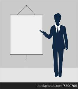 Manager stand near blank board presentation showing speak project brief template - vector