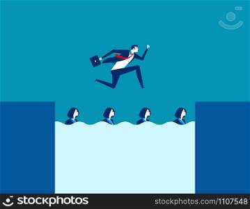 Manager using his staff as stepping to across. Concept business vector illustration.