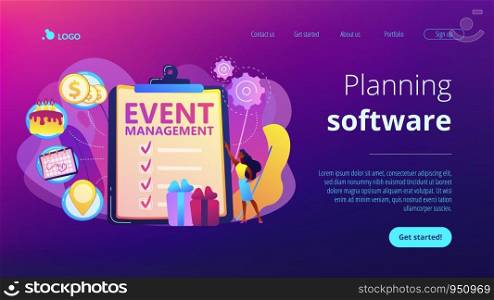 Manager with checklist creating event plan and development. Event management and planning service, how to plan an event, planning software concept. Website vibrant violet landing web page template.. Event management concept landing page.