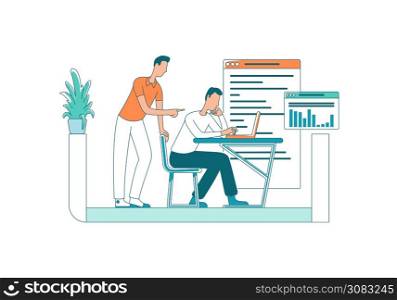 Manager with staff member flat color vector faceless characters. Company management. Help with project. Corporate occupation isolated cartoon illustration for web graphic design and animation. Manager with staff member flat color vector faceless characters
