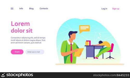 Manager with tablet reporting about sleepy colleague. Tired employee sleeping at workplace flat vector illustration. Lazy worker, office informer concept for banner, website design or landing web page