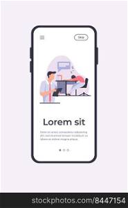 Manager with tablet reporting about sleepy colleague. Tired employee sleeping at workplace flat vector illustration. Lazy worker, office informer concept for banner, website design or landing web page