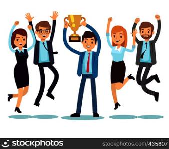 Manager with winning trophy cup and jumping employees. Success business team vector flat concept. People success with cup trophy, victory leader illustration. Manager with winning trophy cup and jumping employees. Success business team vector flat concept