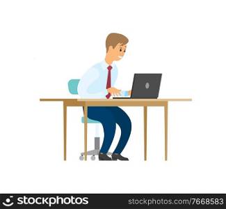 Manager working on laptop, sitting on chair vector isolated. Male worker at workplace, typing on notebook, smiling businessman at computer, cartoon style. Manager Working on Laptop, Sitting on Chair Vector