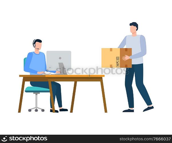 Manager working with computer, worldwide delivery online, courier character holding parcel box, portrait view of men employees, box transportation vector. Workers and Parcel, Worldwide Delivery, Box Vector