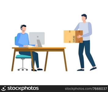 Manager working with computer, worldwide delivery online, courier character holding parcel box, portrait view of men employees, box transportation vector. Workers and Parcel, Worldwide Delivery, Box Vector