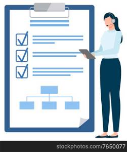 Manager working with targets, business success, checkmark icon. Employee holding paper with plan strategy, development and solution, international vector. Worker and Goals, International Business Vector