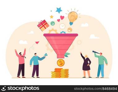 Managers and generation of sales by marketing funnel. Tiny people working on conversion of digital data and ideas into money flat vector illustration. Advertising in social media, SEO service concept. Managers and generation of sales by marketing funnel