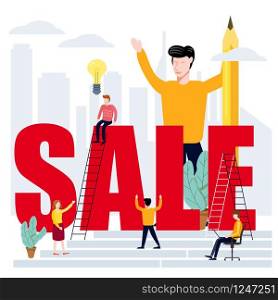 Managers And Office Workers On Business, Developing Marketing And Business Management Skills And Knowledge Set On Big Sale Word. Managers And Office Workers On Business, Developing Marketing And Business Management Skills And Knowledge Set On Big Sale Word, Modern Characters, Vector, Isolated