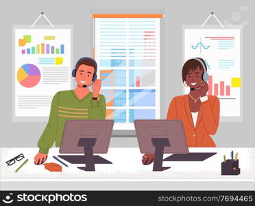 Managers in call center hotline. Online support worker, telephone service operator. Dispatcher, workplace of customer support manager at computer desk. Remote service specialist with headphone. Managers in call center hotline. Online customer support worker, telephone service operator