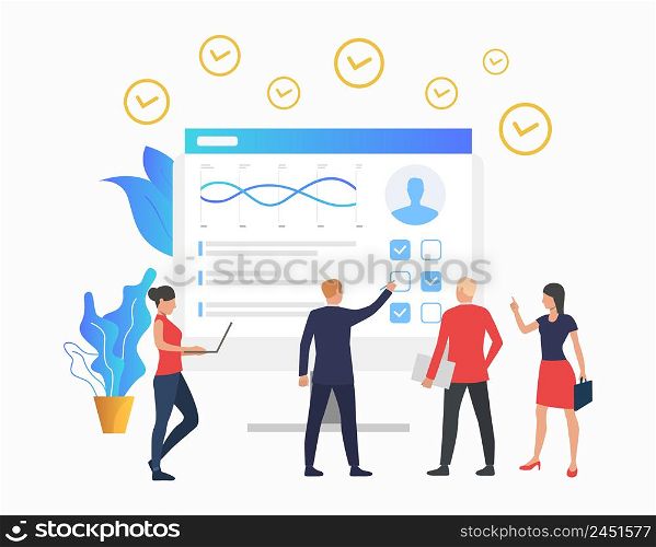 Managers looking at chart on monitor. Personal productivity, competence, candidate. Productivity concept. Vector illustration can be used for topics like headhunting, human resources, business