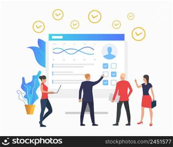 Managers looking at chart on monitor. Personal productivity, competence, candidate. Productivity concept. Vector illustration can be used for topics like headhunting, human resources, business