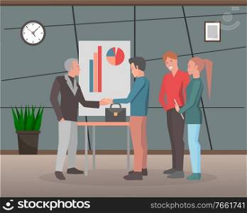 Managers of company have appointment in office room. Businessman and guy shaking hands in agreement for successful cooperation. Board with data charts and diagrams. Vector illustration of partnership. Agreement of Managers for Successful Partnership
