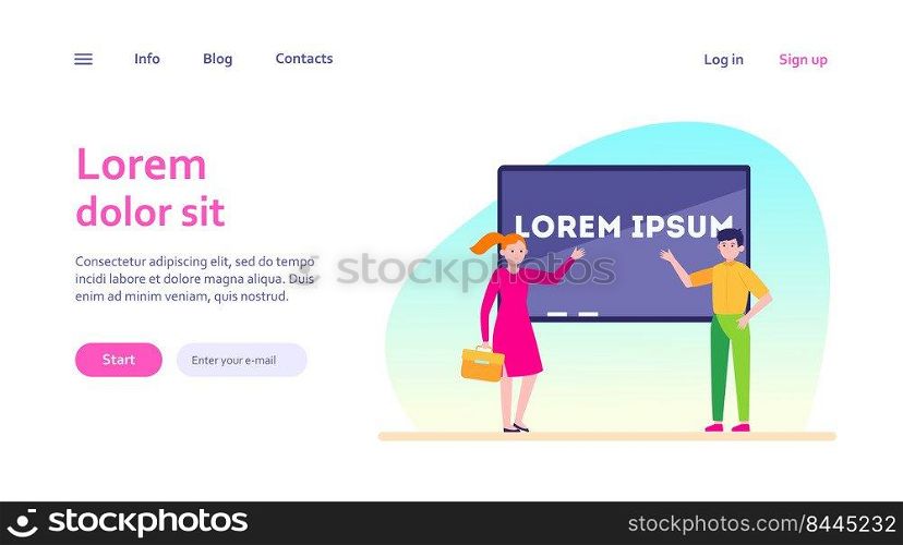 Managers presenting report. Speakers pointing hands at screen with text s&le flat vector illustration. Presentation, business, conference concept for banner, website design or landing web page