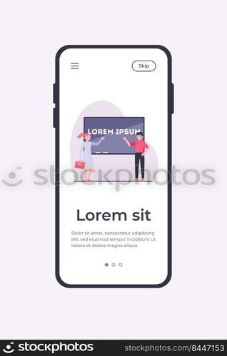 Managers presenting report. Speakers pointing hands at screen with text s&le flat vector illustration. Presentation, business, conference concept for banner, website design or landing web page