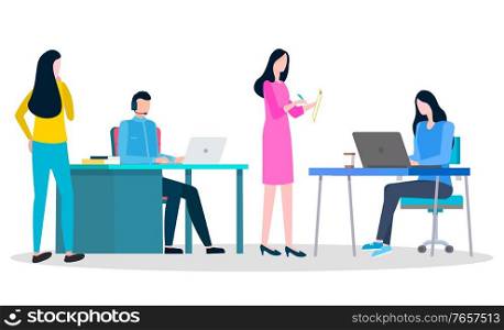 Managers talking with office workers. Man and woman sit on chair by table and work on laptop. Business meeting, appointment. Comfortable workplace, open space. Vector illustration in flat style. Business Meeting at Office, Open Space for Work
