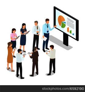 Managers with folders standing in circle and writing notes on paper. Managing director near monitor with schedule speak reports. Vector illustration in flat cartoon style. Business coaching concept. Managers with Folders Standing and Writing Notes