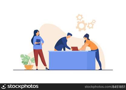 Managers working on project together. Employees gathering at workplace in office flat vector illustration. Teamwork, corporate communication concept for banner, website design or landing web page
