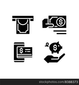 Managing business finances black glyph icons set on white space. Money withdrawal. Payment in cash. Contactless credit card. Silhouette symbols. Solid pictogram pack. Vector isolated illustration. Managing business finances black glyph icons set on white space