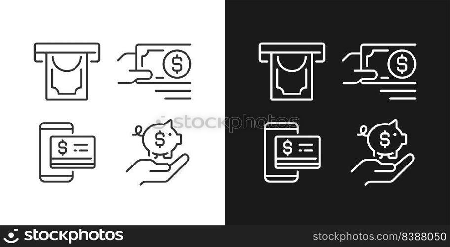 Managing business finances pixel perfect linear icons set for dark, light mode. Money withdrawal. Payment in cash. Thin line symbols for night, day theme. Isolated illustrations. Editable stroke. Managing business finances pixel perfect linear icons set for dark, light mode