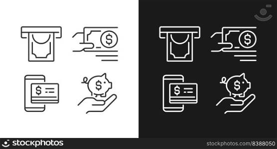 Managing business finances pixel perfect linear icons set for dark, light mode. Money withdrawal. Payment in cash. Thin line symbols for night, day theme. Isolated illustrations. Editable stroke. Managing business finances pixel perfect linear icons set for dark, light mode