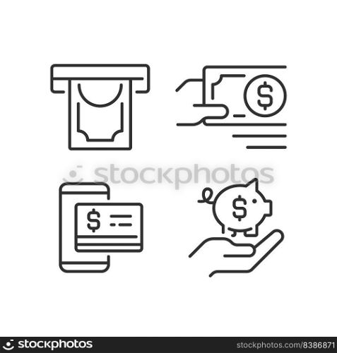 Managing business finances pixel perfect linear icons set. Money withdrawal. Payment in cash. Contactless pay. Customizable thin line symbols. Isolated vector outline illustrations. Editable stroke. Managing business finances pixel perfect linear icons set