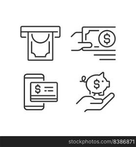 Managing business finances pixel perfect linear icons set. Money withdrawal. Payment in cash. Contactless pay. Customizable thin line symbols. Isolated vector outline illustrations. Editable stroke. Managing business finances pixel perfect linear icons set