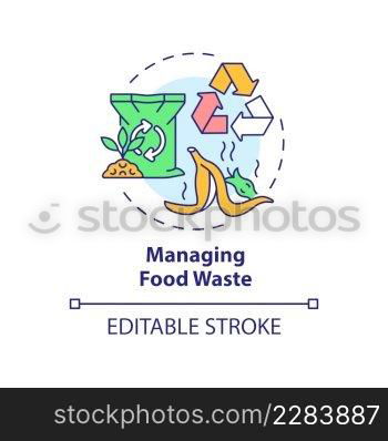 Managing food waste concept icon. Organic garbage recycling. Urban comfort ideas abstract idea thin line illustration. Isolated outline drawing. Editable stroke. Arial, Myriad Pro-Bold fonts used. Managing food waste concept icon