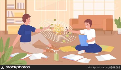 Managing homework together flat color vector illustration. Father helping teenage son with school project. Fully editable 2D simple cartoon characters with living room interior on background. Managing homework together flat color vector illustration