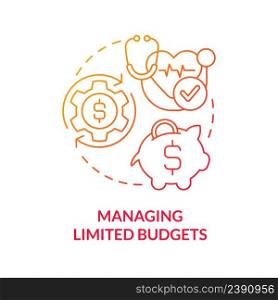 Managing limited budgets red gradient concept icon. Healthcare puzzling point abstract idea thin line illustration. Hospital expenses. Isolated outline drawing. Myriad Pro-Bold font used. Managing limited budgets red gradient concept icon
