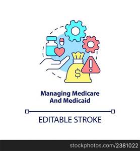 Managing medicare and medicaid concept icon. Healthcare difficulty abstract idea thin line illustration. Health coverage. Isolated outline drawing. Editable stroke. Arial, Myriad Pro-Bold fonts used. Managing medicare and medicaid concept icon