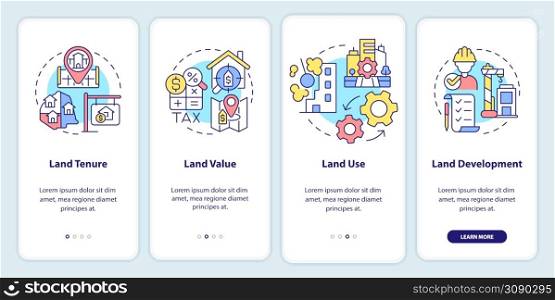 Managing processes onboarding mobile app screen. Land tenure and value walkthrough 4 steps graphic instructions pages with linear concepts. UI, UX, GUI template. Myriad Pro-Bold, Regular fonts used. Managing processes onboarding mobile app screen