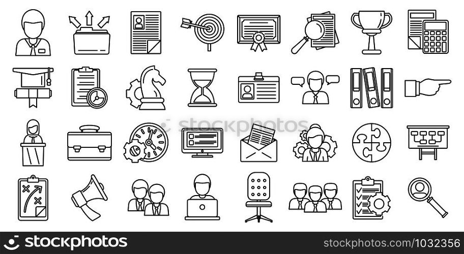 Managing skills employee icons set. Outline set of managing skills employee vector icons for web design isolated on white background. Managing skills employee icons set, outline style