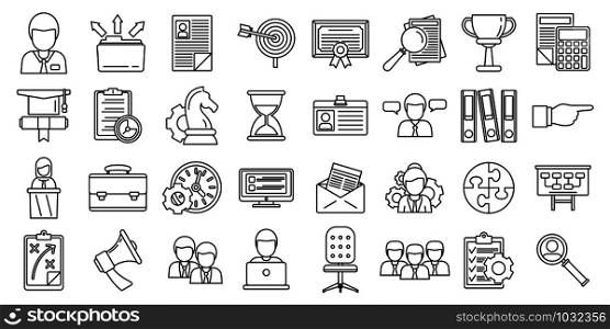 Managing skills employee icons set. Outline set of managing skills employee vector icons for web design isolated on white background. Managing skills employee icons set, outline style
