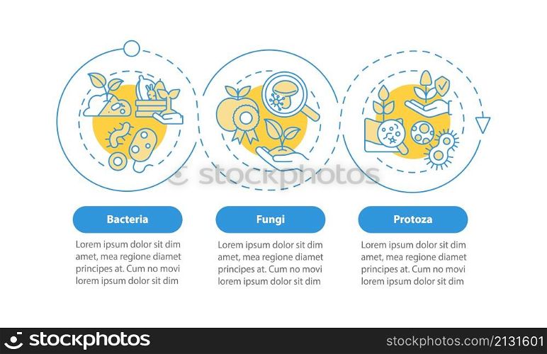 Managing soil microbes blue circle infographic template. Fungus. Data visualization with 3 steps. Process timeline info chart. Workflow layout with line icons. Myriad Pro-Bold, Regular fonts used. Managing soil microbes blue circle infographic template