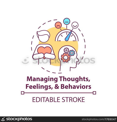 Managing thoughts, feelings and behaviors concept icon. Addiction recovery steps. Body health. Medicine abstract idea thin line illustration. Vector isolated outline color drawing. Editable stroke. Managing thoughts, feelings and behaviors concept icon