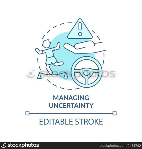 Managing uncertainty turquoise concept icon. Innovation management principle abstract idea thin line illustration. Isolated outline drawing. Editable stroke. Arial, Myriad Pro-Bold fonts used. Managing uncertainty turquoise concept icon