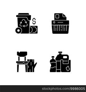 Managing waste black glyph icons set on white space. Waste management cost. Paper shredding. Discarded wood products. Consumer products. Recycling. Silhouette symbols. Vector isolated illustration. Managing waste black glyph icons set on white space
