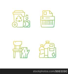 Managing waste gradient linear vector icons set. Waste management cost. Paper shredding. Wood products. Recycling. Thin line contour symbols bundle. Isolated vector outline illustrations collection. Managing waste gradient linear vector icons set