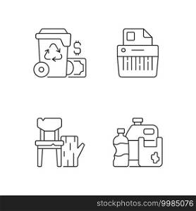 Managing waste linear icons set. Waste management cost. Paper shredding. Wood products. Recycling. Customizable thin line contour symbols. Isolated vector outline illustrations. Editable stroke. Managing waste linear icons set