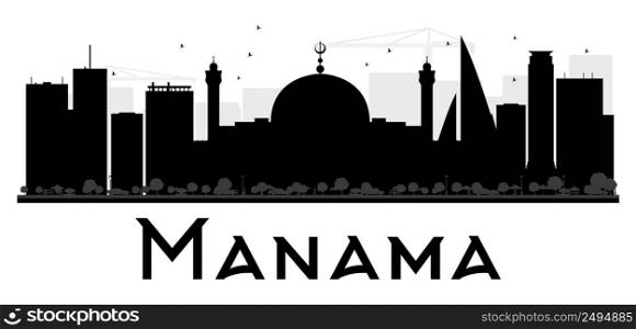 Manama City skyline black and white silhouette. Vector illustration. Simple flat concept for tourism presentation, banner, placard or web. Business travel concept. Cityscape with landmarks