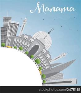 Manama Skyline with Gray Buildings and Copy Space. Vector Illustration. Business Travel and Tourism Concept with Modern Buildings. Image for Presentation Banner Placard and Web Site.