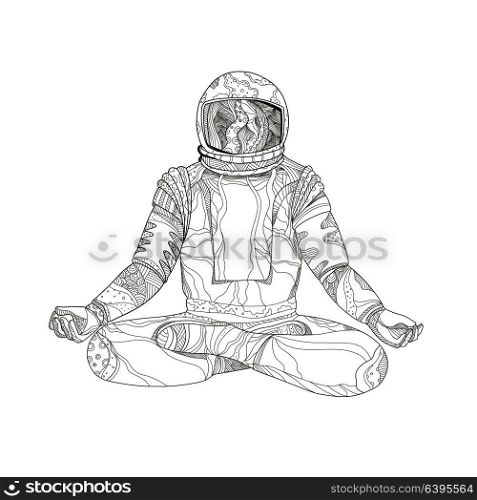 Mandala art illustration of an astronaut, cosmonaut or spaceman sitting asana with crossed legs in Padmasana lotus meditation or yoga position done in black and white.. Astronaut Lotus Position Mandala