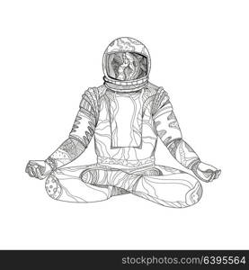 Mandala art illustration of an astronaut, cosmonaut or spaceman sitting asana with crossed legs in Padmasana lotus meditation or yoga position done in black and white.. Astronaut Lotus Position Mandala